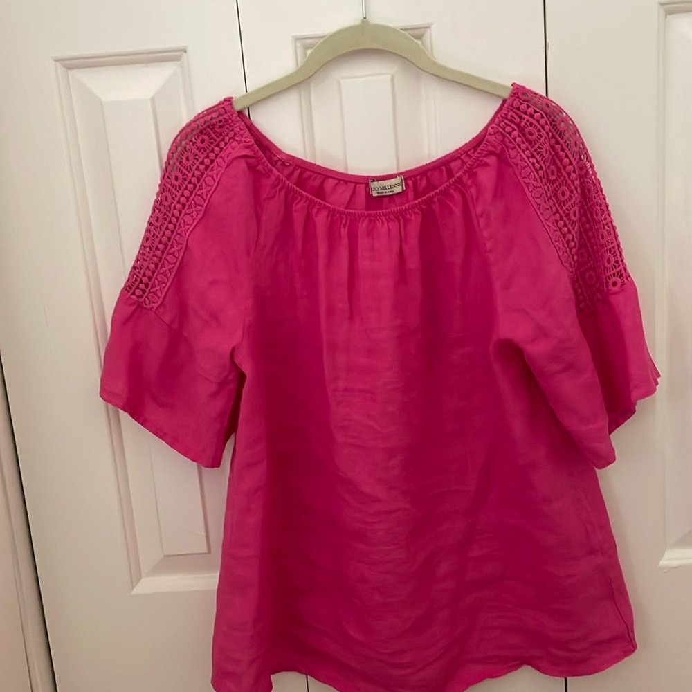 Pink linen shoulder detail top